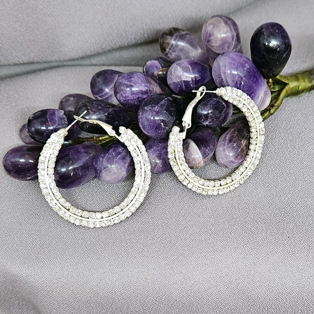 Rhinestone Hoop Earrings, Silver Plated  - 1 3/4"